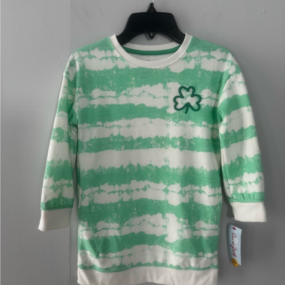 Cat & Jack Girls Green Tie-Dye Stripe Dress Shirt with Clover Patch NWT